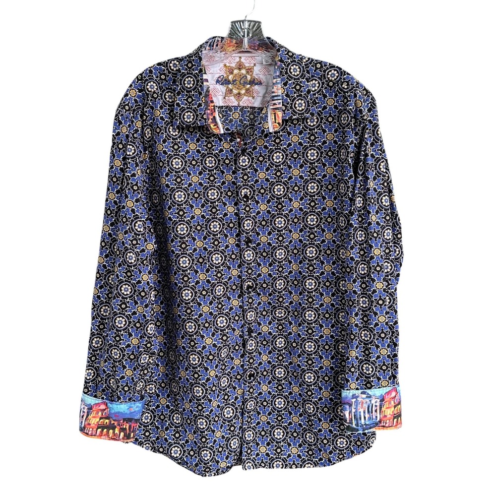 Robert Graham Classic Fit 2XL Men's Button Shirt Blue Geometric Tile Roman Cuffs